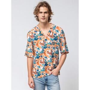 Tropical Storm Men's 3XL Hawaiian Shirt Orange‎ Blue Beach Print Casual